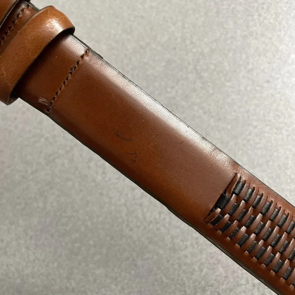 Crookhorn Leather Belt 38 Brown Mens Basketweave Dress Silver Buckle 1.25